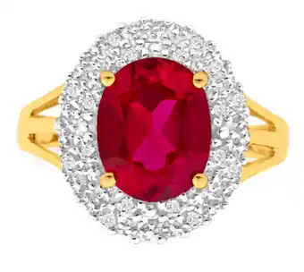 Shiels 9ct yellow gold 8x10mm created ruby + diamond halo ring offer