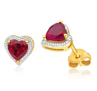 Shiels 9ct radiant yellow gold created ruby + diamond stud earrings offer
