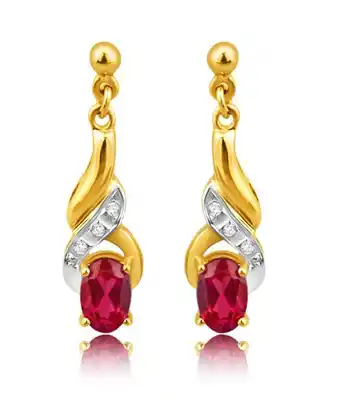 Shiels 9ct alluring yellow gold created ruby + diamond drop earrings offer