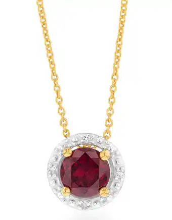 Shiels 9ct yellow gold 5mm created ruby and diamond pendant on 45cm chain offer