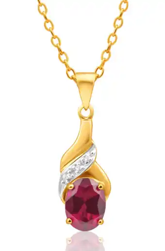 Shiels 9ct delightful yellow gold created ruby 8x6mm + diamond pendant offer