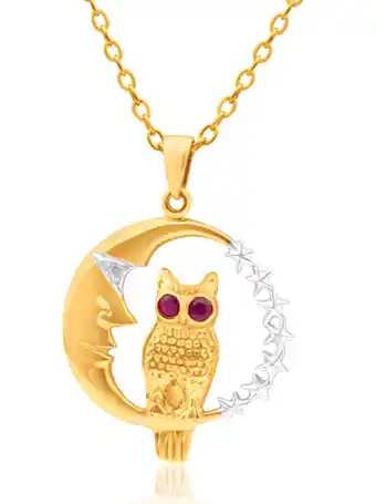 Shiels 9ct yellow gold ruby set owl & moon pendant offer