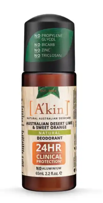 A'kin australian desert lime & sweet orange natural roll-on deodorant 65ml