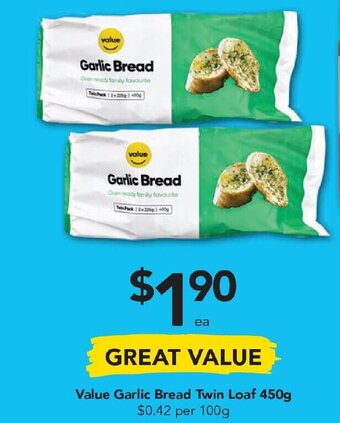 Value Garlic Bread Twin Loaf 450g