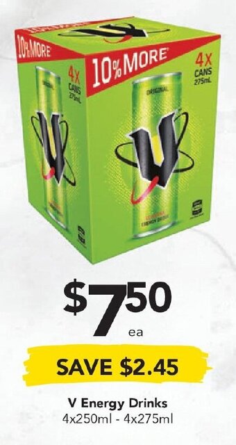 Drakes V Energy Drinks 4x250ml - 4x275ml offer