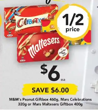 Drakes M&M's Peanut Giftbox 460g, Mars Celebrations 320g or Mars Maltesers Giftbox 400g offer