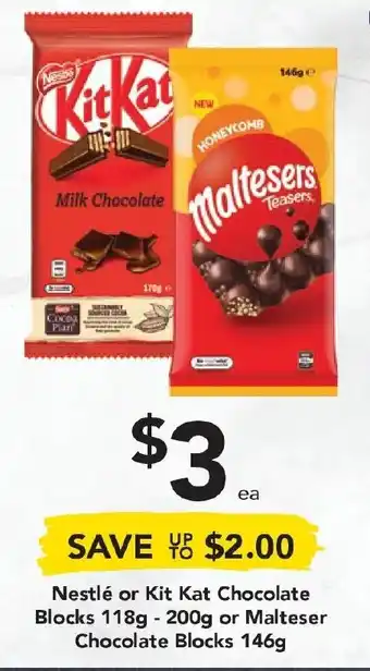 Drakes Nestlé or Kit Kat Chocolate Blocks 118g-200g or Malteser Chocolate Blocks 146g offer