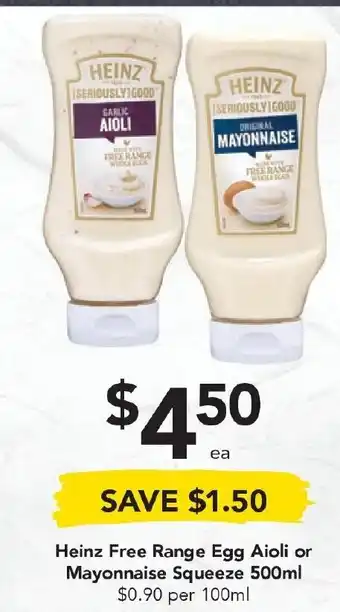 Drakes Heinz Free Pange Egg Aioli or Mayonnaise Squeeze 500ml offer
