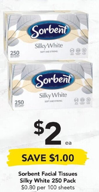 Drakes Sorbent Facial Tissues Silky White 250 Pack offer