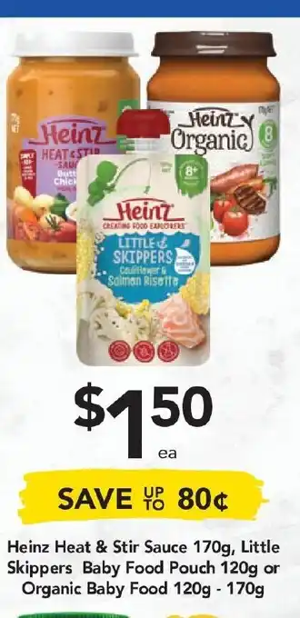 Drakes Heinz Heat & Stir Sauce 170g, Little Skippers Baby Food Pouch 120g or Organic Baby food 120g-170g offer