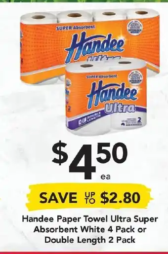 Drakes Handee Paper Towel Ultra Super Absorbent White 4 Pack or Double Length 2 Pack offer