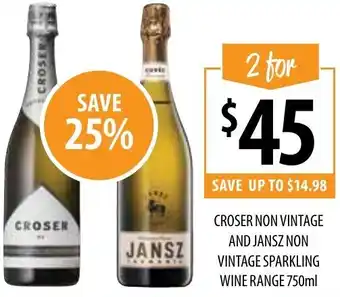 Supabarn Croser Non Vintage And Jansz Non Wine Range 750ML offer