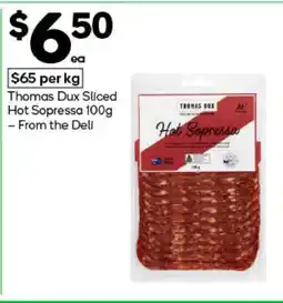Woolworths Thomas Dux Sliced Hot Sopressa 100g offer