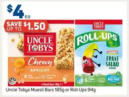 Foodland Uncle Tobys Muesli Bars 185g or Roll Ups 94g offer