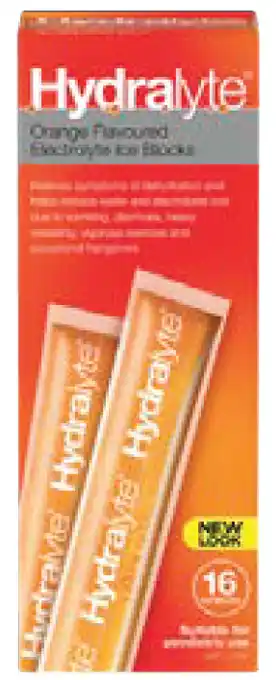 Star Discount Chemist Hydralyte electrolyte orange flavoured 16 ice blocks offer