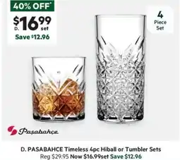 PASABAHCE Timeless 4pc Hiball or Tumbler Sets