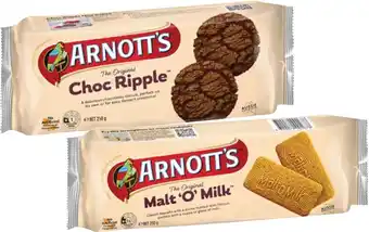 Coles Arnott's Choc Ripple or Malt'o'Milk Biscuits 250g offer