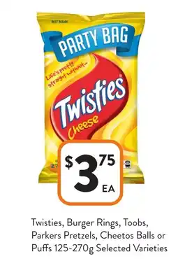 Foodworks Twisties, Burger Rings, Toobs, Parkers Pretzels, Cheetos Balls or Puffs offer