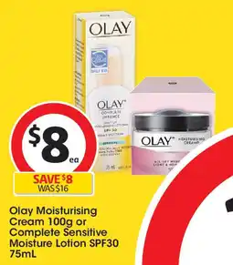 Coles Olay moisturising cream 100g or complete sensitive moisture lotion spf30 75ml offer