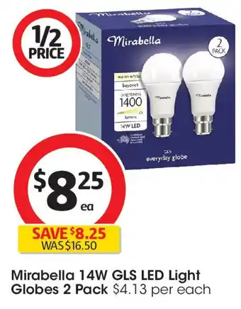 Coles Mirabella 14w gls led light globes 2 pack offer