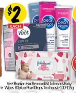 Veet Brazilian Hair Removal Kit Johnson's Baby Cleanser  Wipes Pearl Drops Toothpaste