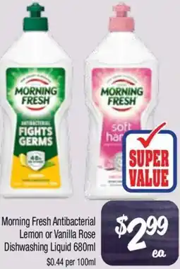 Morning Fresh Antibacterial Lemon or Vanilla Rose Dishwashing Liquid