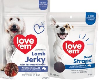 Woolworths Love Em Jerky Dog Treats 200g or Love Em Straps Dog Treats 150-200g offer