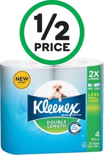 Woolworths Kleenex Double Length Toilet Tissue Pk 4 offer