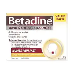 Woolworths Betadine Anaesthetic Sore Throat Honey & Lemon Lozenges Pk 36 offer