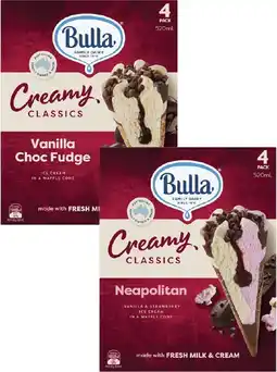 Coles Bulla Creamy Classics Ice Cream Cones 4 Pack 520mL offer