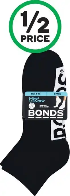 Woolworths Bonds Men&#039;s or Women&#039;s Cushioned 1/4 Crew Socks Pk 3 offer