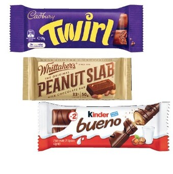 Coles Cadbury Medium Bars 30g-60g, Whittakeru2019s Slab 45g-50g or Kinder Bueno Bars 39g-43g offer