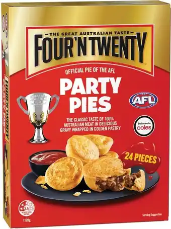 Coles Four u2018N Twenty AFL Party Pies 24 Pack 1.12kg offer