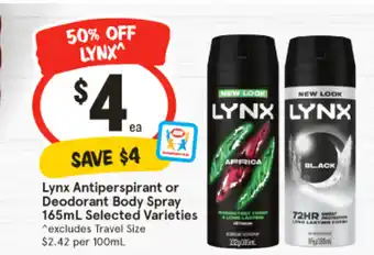 IGA Lynx antiperspirant or deodorant body spray offer
