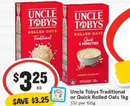 IGA Uncle tobys traditional or quick rolled oats offer