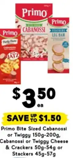 Drakes Primo Bite Sized Cabanossi or Twiggy,Cabanossi or Twiggy Cheese & Crackers or Stackers offer