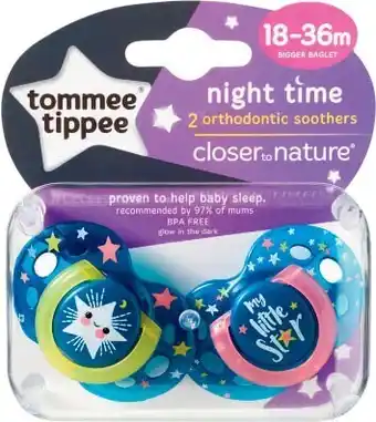 Coles Tommee Tippee Closer to Nature Night Time Soother 18-36 Months 2 Pack offer