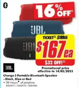 The Good Guys Charge 5 Portable Bluetooth Speaker -Black, Blue or Red offer