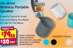 JB Hi-Fi SRS-XB100 Wireless Portable Speaker offer