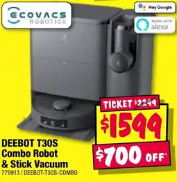JB Hi-Fi DEEBOT T30S Combo Robot & Stick Vacuum offer