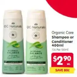 Spar Organic care shampoo or conditioner offer