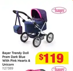 Mr Toys Bayer Trendy Doll Pram Dark Blue With Pink Hearts & Unicorn offer