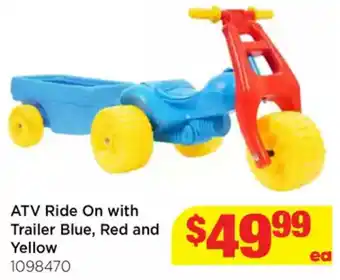 Mr Toys ATV Ride On with Trailer Blue, Red and Yellow offer