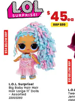 Toymate L.O.L. Surprise! Big Baby Hair Hair Hair Large 11" Dolls Assorted offer