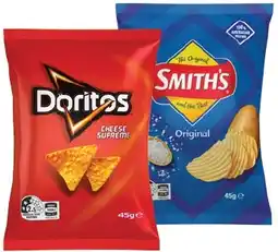 IGA Smith’s Crinkle Cut Chips, Twisties or Doritos Corn Chips 45g Selected Varieties offer