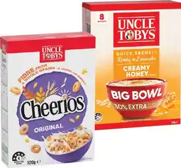 IGA Uncle Tobys Cheerios 320g or Oats Quick Sachets Big Bowl 8 Pack Selected Varieties offer