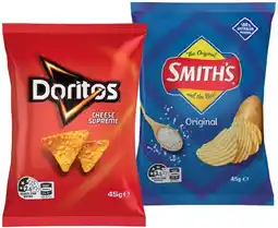 IGA Smith’s Chips, Twisties or Doritos Corn Chips 45g Selected Varieties offer