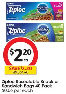 Coles Ziploc Resealable Snack or Sandwich Bags 40 Pack offer