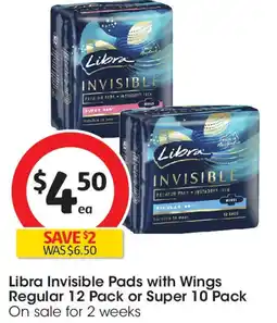 Coles Libra Invisible Pads with Wings Regular 12 Pack or Super 10 Pack offer