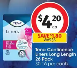 Coles Tena Continence Liners Long Length 26 Pack offer